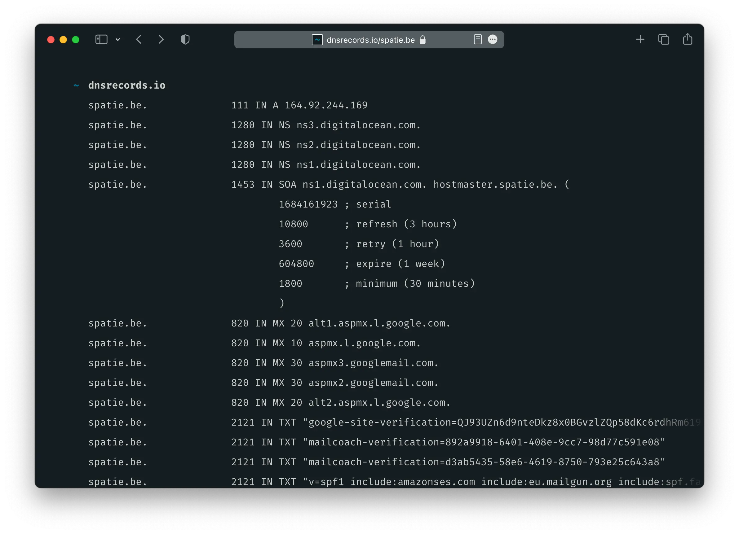 Screenshot of dnsrecords.io with spatie.be DNS records