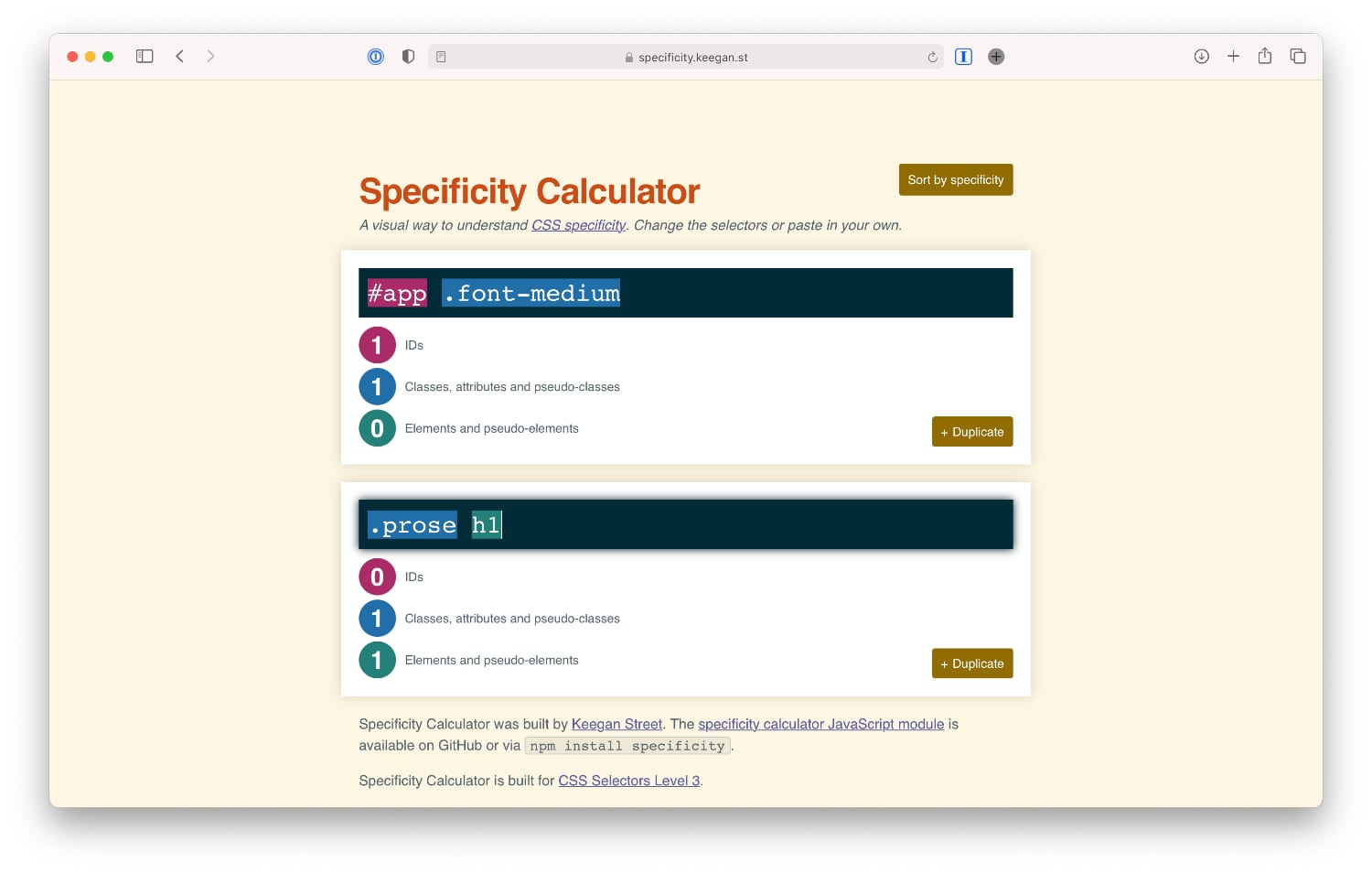 CSS Specificity calculator results