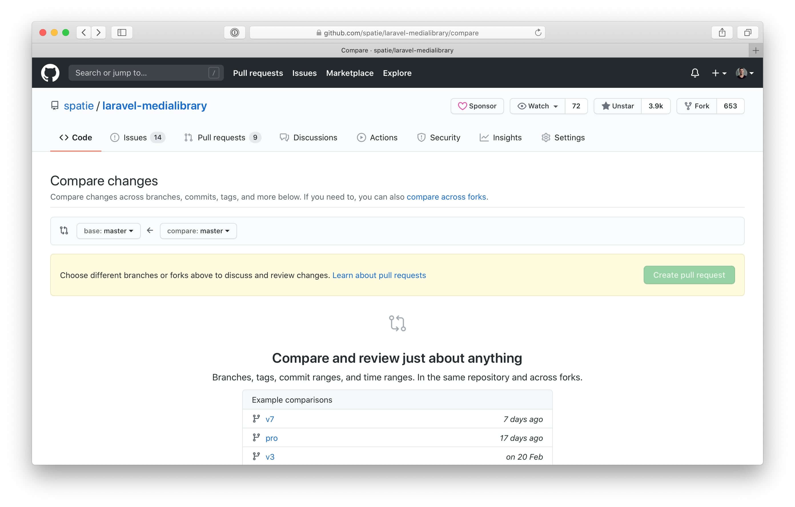 Screenshot of GitHub&rsquo;s compare screen