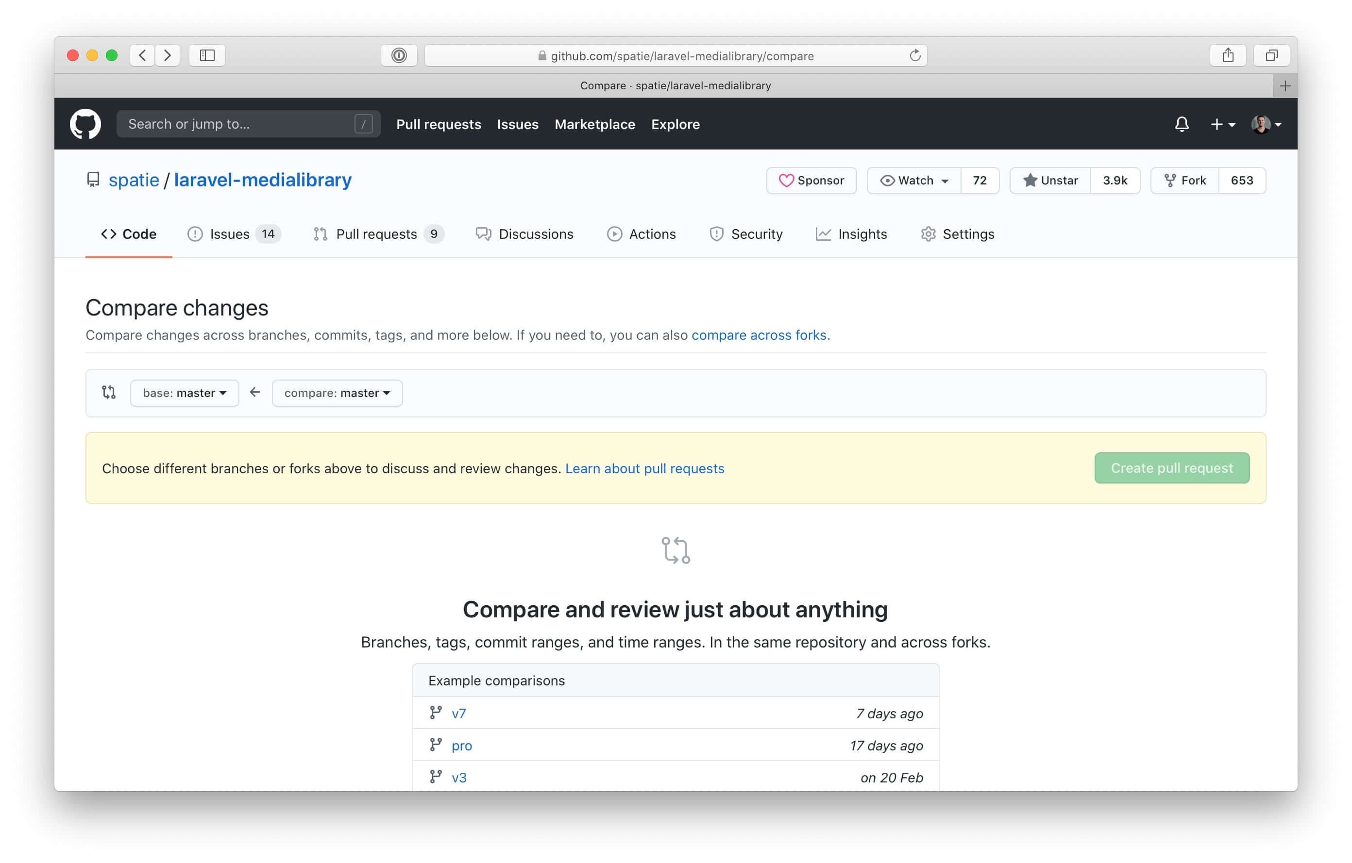 Screenshot of GitHub's compare screen