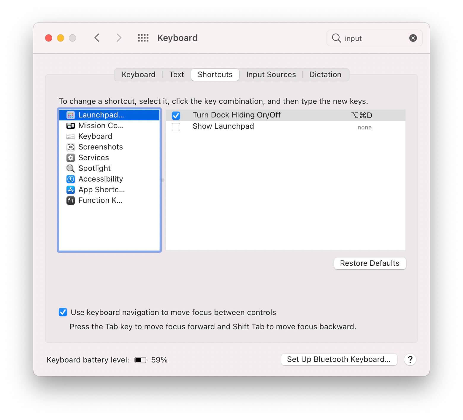 Keyboard navigation settings